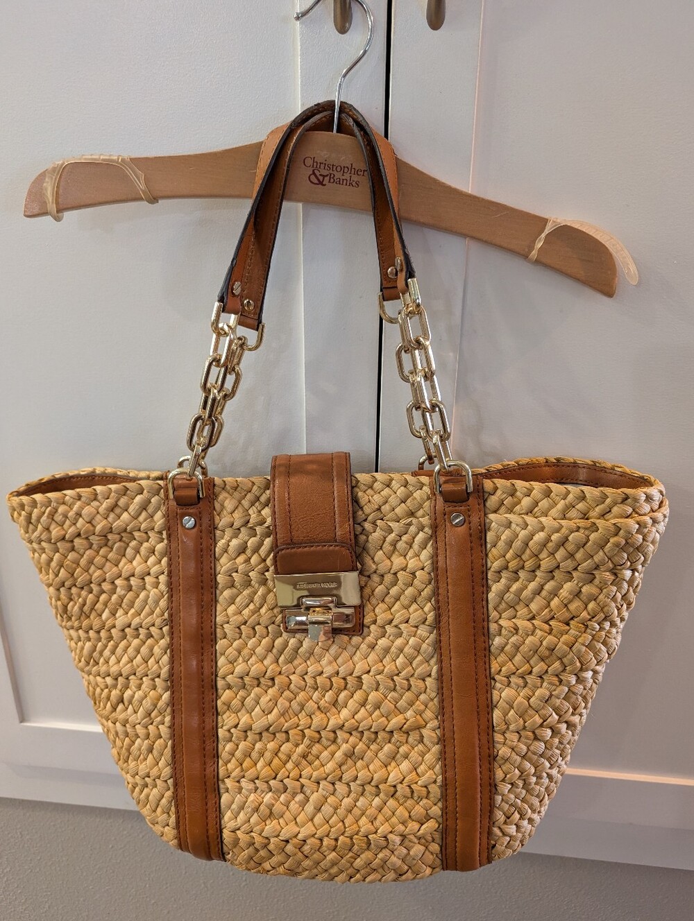 Michael Kors Natural Straw Tote with Brown Leather Trim and Gold Chain Handles
